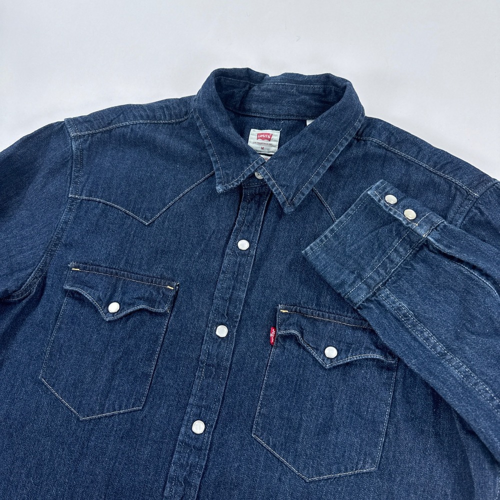 Levis Mens Shirt M Blue Classic Western Denim Pearl Snap Dark Rinse Cotton 85745